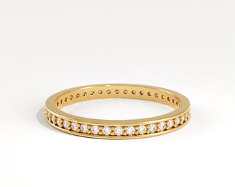 14K Solid Gold Full Eternity Band, Channel Set Diamond Wedding Ring, Vintage Milgrain Stacking Band, Minimalist Moissanite Anniversary Ring