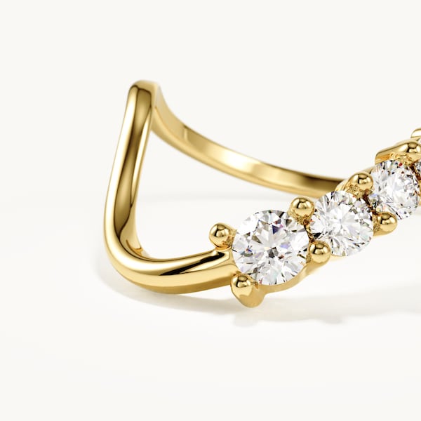 14K Solid Gold Curved Wedding Band for Women Deep Wave Contour Ring Enhancer Solitaire