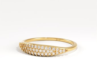Pave Signet Ring, Dainty Diamond Dome Ring for Pinky Finger, 14K Solid Gold Micro Pave Band, Minimalist Statement Gift