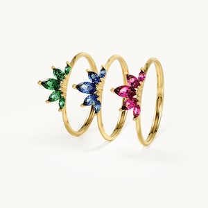 14K Solid Gold Marquise Curved Crown Ring Fan Tiara Emerald Ruby Sapphire Diamond Wedding Band Enhancer Guard Stackable Gemstone Jewelry