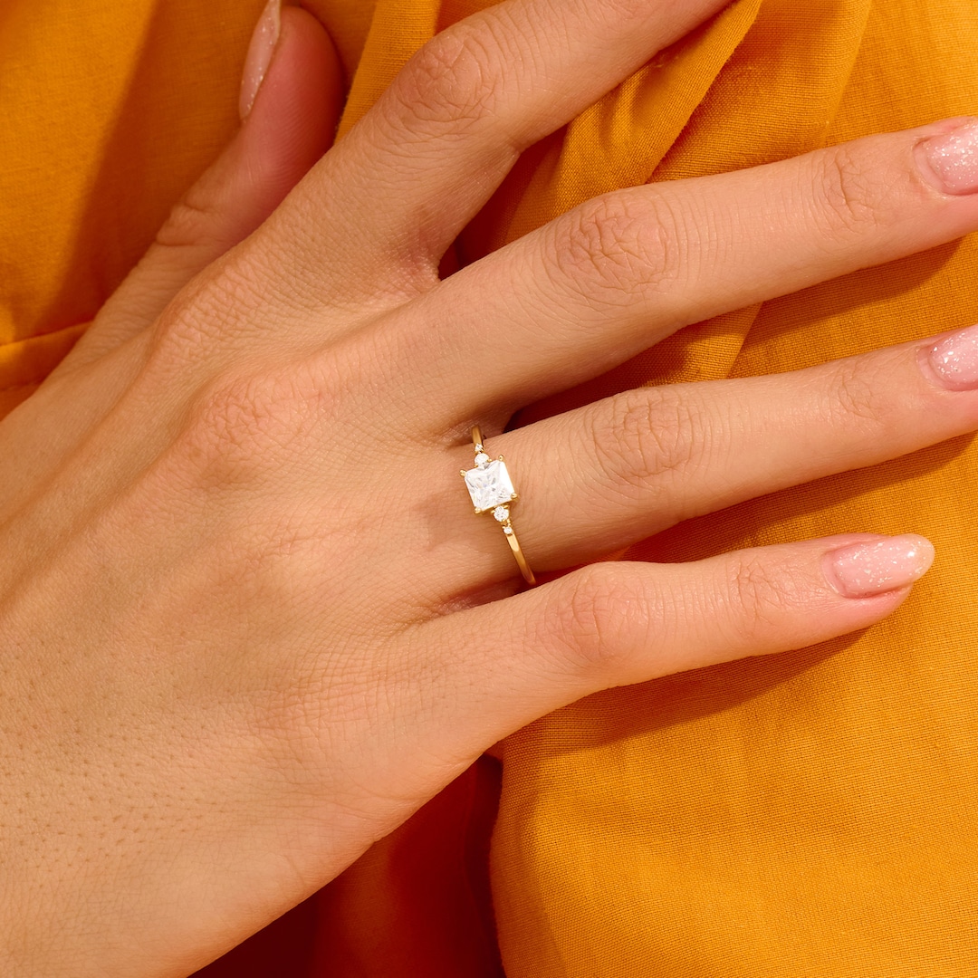 14k Gold Princess Cut Engagement Ring, Simple Moissanite Solitaire Ring