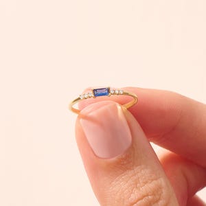 14k Solid Gold Birthstone Ring for Women, Custom Baguette Stackable Band, Personalized Dainty Mother’s Ring, Handmade Jewelry Gift for Her