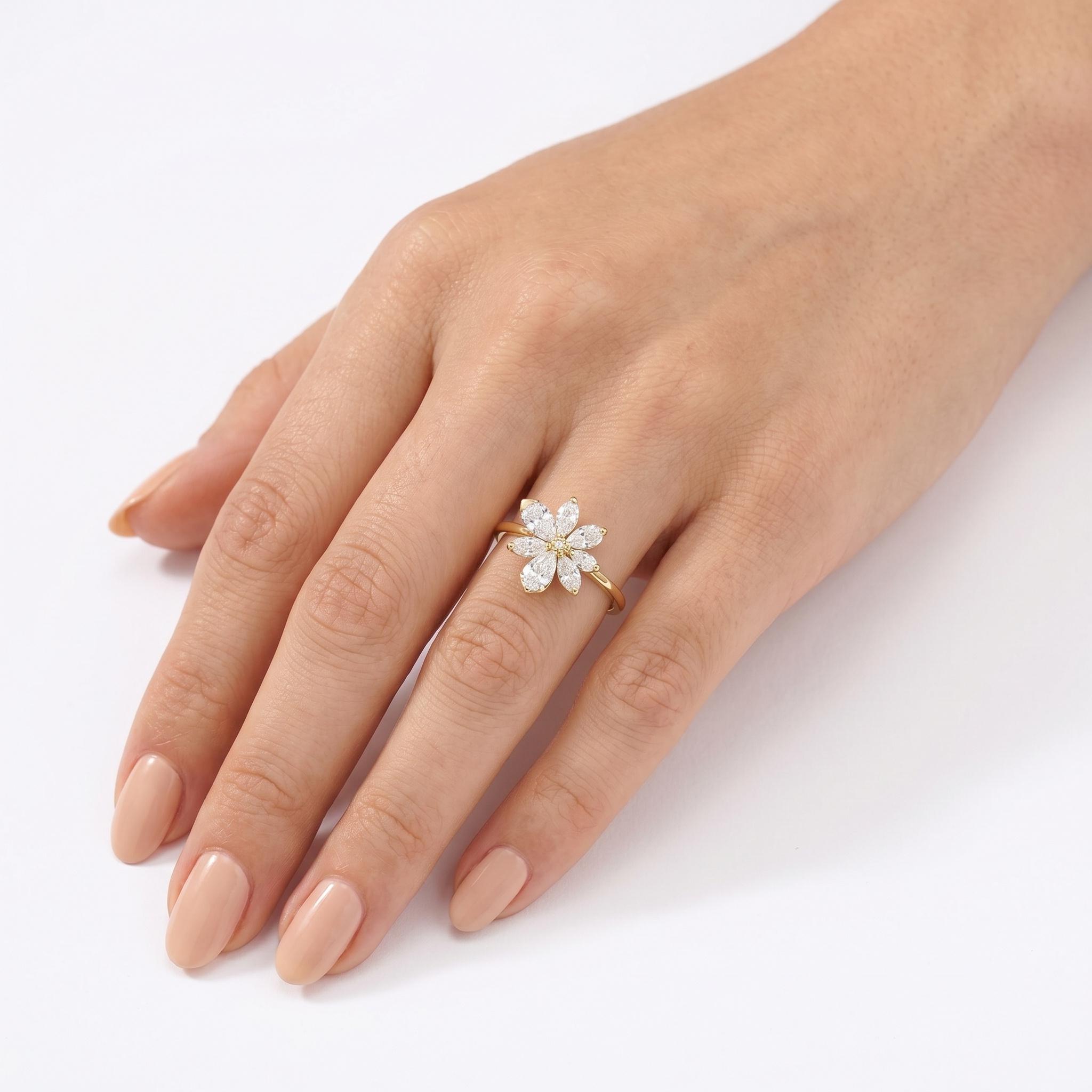 Daisy Flower Engagement Ring 14K Solid Gold, Marquise Cluster Ring 