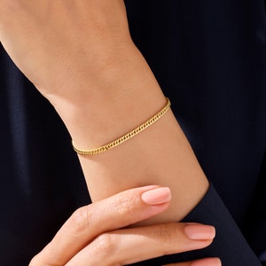 14k Gold Bracelet, Solid Gold Cuban Links Bracelet, Minimalistic Chain for Women Men, Real Gold Stacking Bracelet, Handmade Layering Chain