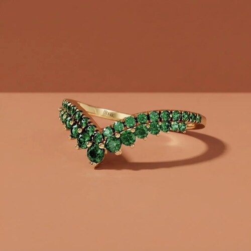 Emerald Chevron Ring 14K Solid Gold, Green Gemstone Wedding Band, Lab Created Anniversary Stackable Jewelry