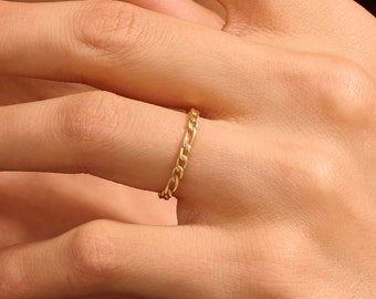 Real Gold Figaro Chain Ring, 14k Minimalist Link Chain Ring, Solid Gold Stacking Rings for Women, Handmade Thumb Ring, Simple Layering Ring