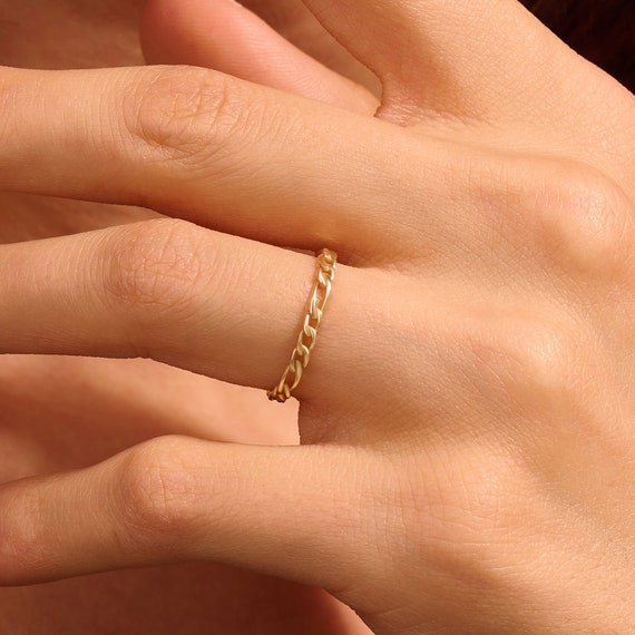 Real Gold Figaro Chain Ring 14k Minimalist Link Chain Ring Solid