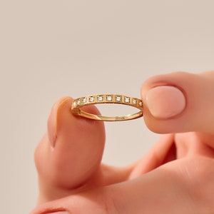 Solid Gold Square Half Eternity Ring, 14k Gold Minimalist Wedding Band Women, Pave Diamond Cz Ring, Comfort Fit Ring,Modern Anniversary Band