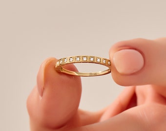 Solid Gold Square Half Eternity Ring, 14k Gold Minimalist Wedding Band Women, Pave Diamond Cz Ring, Comfort Fit Ring,Modern Anniversary Band