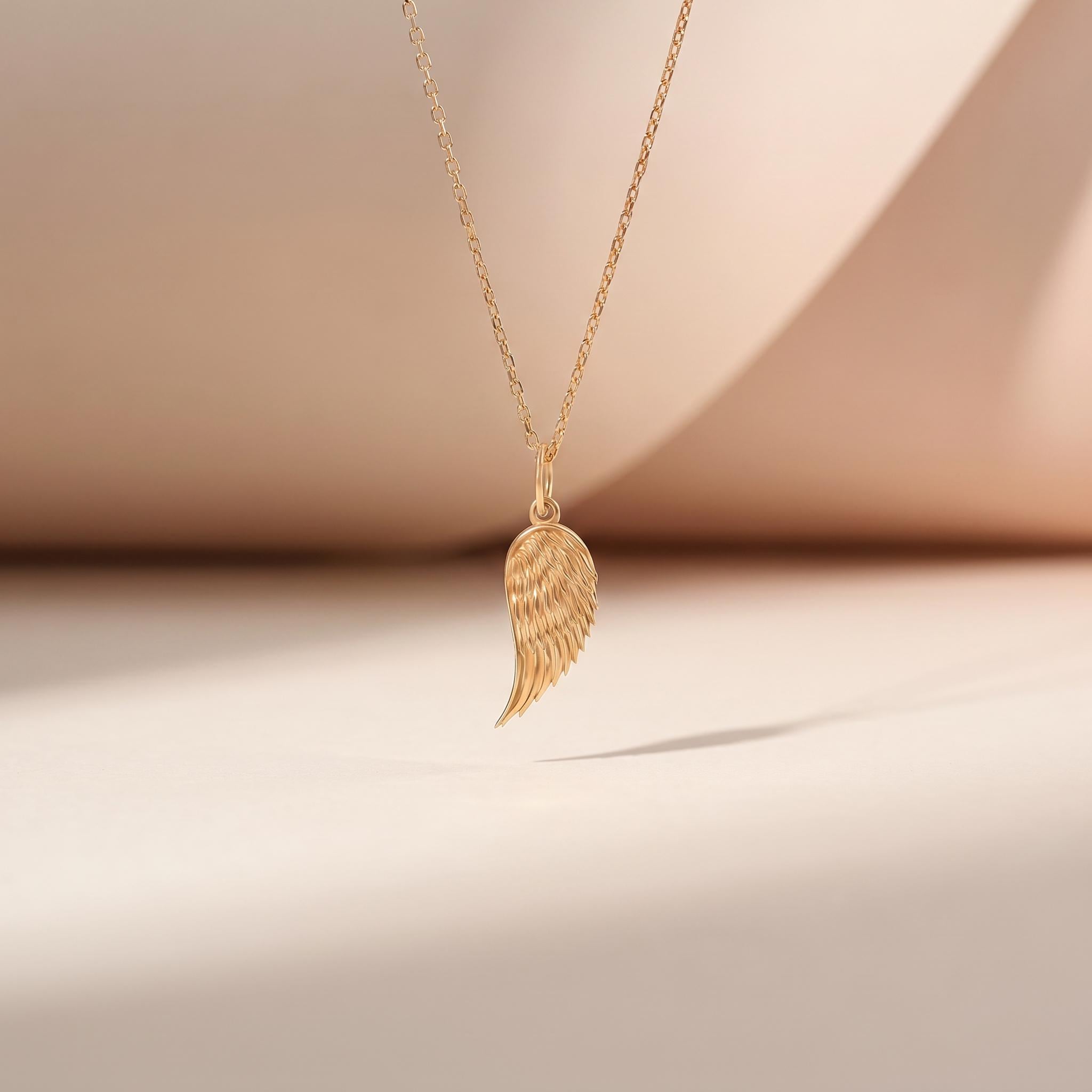 14K Solid Gold Angel Wing Necklace, Tiny Guardian Angel Charm 