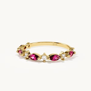 14k Solid Gold Ruby Ring Marquise Lab Created Ruby Band Dainty Stackable Ring Half Eternity Ring Unique Gold Stacking Ring Gift for Women
