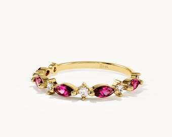 14k Solid Gold Ruby Ring Marquise Lab Created Ruby Band Dainty Stackable Ring Half Eternity Ring Unique Gold Stacking Ring Gift for Women