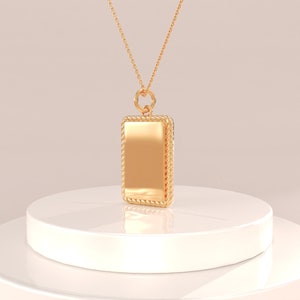 14k Solid Gold Engravable Pendant | Personalized Tag Pendant Women | Minimalist Rectangle Charm Pendant | Simple Plain Initial Necklace