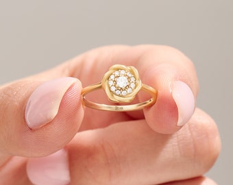 14k Rose Flower Engagement Ring, Solid Gold Birthflower Solitaire Ring, Womens Botanical Statement Ring, Unique Design Floral Ring, Handmade