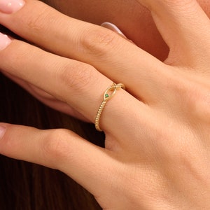 14k Twisted Band Ichthus Ring,Solid Gold Statement Ring Band, Delicate Christian Rings for Women, Tiny Emerald Fish Ring, Yellow Rose White image 8