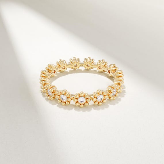 Floral Wedding Ring, 14k Solid Gold Daisy Ring, Moissanite