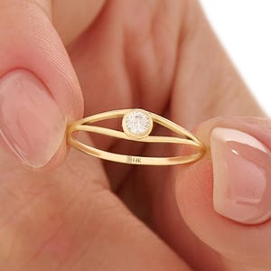14k Solid Gold Bezel Diamond Promise Ring • Dainty Split Shank Pinky Ring for Women • Minimalist Tiny Engagement Ring • Gift Jewelry