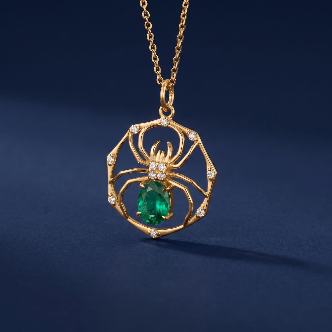 14Kソリッドゴールドスパイダーペンダントネックレス、エメラルド 