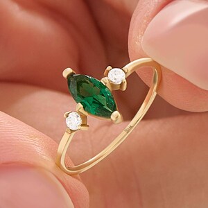 Marquise Emerald Three Stone Ring 14k Solid Gold Dainty Engagement Ring Gemstone Promise Ring