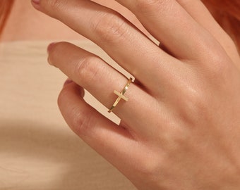 Small Plain Cross Ring, 14k Solid Gold Sideways Cross Ring, Minimalist Christian Ring Women, Simple Faith Ring, Yellow Rose White Gold