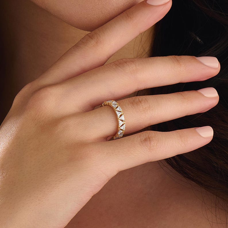 14K Solid Gold Trillion Cut Diamond Band, Unique Triangle Moissanite Eternity Ring, Geometric Half Eternity Wedding Band, Anniversary Gift image 2