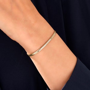 14k Gold Snake Chain Bracelet, Solid Gold Herringbone Bracelet, Mens Womens Flat Chain Bracelet, Minimalist Gold Bracelet, Handmade Jewelry image 3