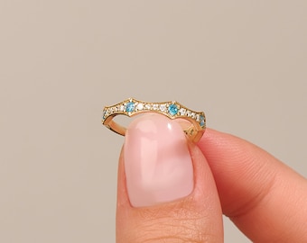 14k Solid Gold Aquamarine Wedding Band, Vintage Stackable Ring Women, Pave Half Eternity Ring, Blue Gemstone Stacking Bridal Ring