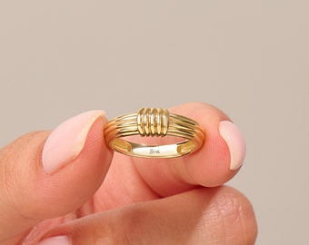 14k Lines Dome Ring, Solid Gold Statement Rings for Women, Chunky Pinky Ring, Thick Band Unique Stackable Ring, Minimalist Everyday Ring