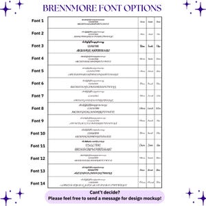 May include: A black and white chart titled BRENNMORE FONT OPTIONS displaying fourteen distinct typeface styles. Each row includes lowercase letters, numbers, uppercase letters, and the sample names Olivia, Sarah, and Elise in the chosen font.