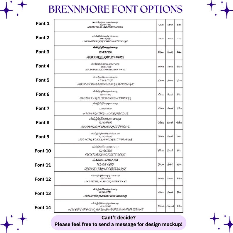 May include: A black and white chart titled BRENNMORE FONT OPTIONS displaying fourteen distinct typeface styles. Each row includes lowercase letters, numbers, uppercase letters, and the sample names Olivia, Sarah, and Elise in the chosen font.