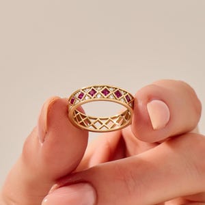 14k Solid Gold Ruby Eternity Band, Thick Pave Stackable Wedding Ring for Women, Handmade Geometric Ruby Band, Elegant Red Gemstone Ring