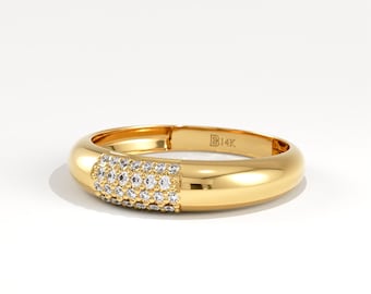 14K Solid Gold Bold Dome Ring, Pave Diamond Chunky Band, Minimalist Statement Ring, Thick Gold Dome Jewelry, Luxury Anniversary Gift for Her