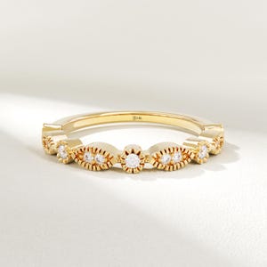 Solid Gold Art Deco Wedding Band, Vintage Gold Band, Half Eternity Ring, Minimalist Gold Ring for Women, Pave Diamond Ring, Gift for Her