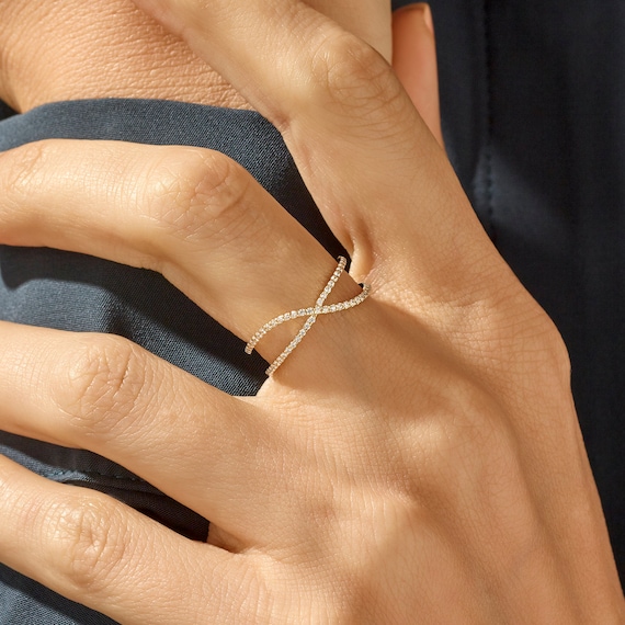 Solid Gold Criss Cross Ring 14k Gold Pave Diamond Cz Ring for