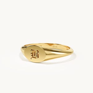 Old English Initial 14k Solid Gold Signet Ring, Personalized Monogram Pinky Band Custom Rings