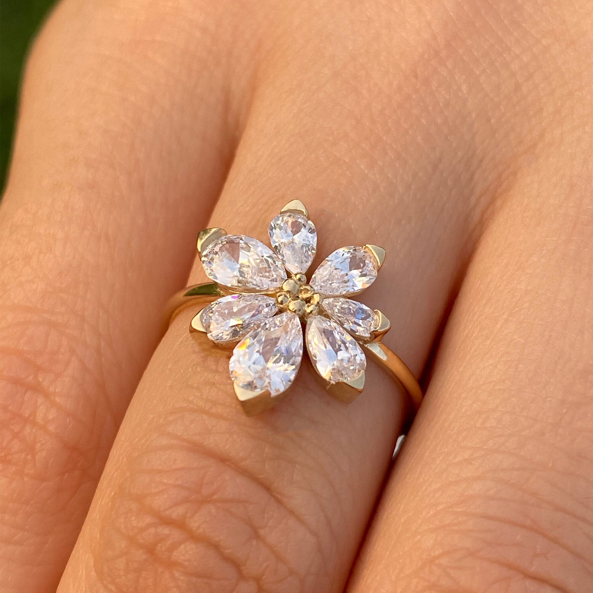 14k Solid Gold Flower Gemstone Ring Pear Stone Ring Flower | Etsy