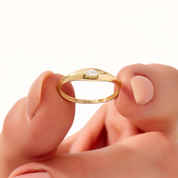 14K Gold Marquise Signet Ring, Chunky Bezel Pinky Ring for Women, Tiny Dome Statement Band, Minimalist Solid 18K Gold Jewelry Gift for Her