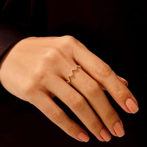 14K Solid Gold Cubic Zirconia Pave Zigzag Stacking Ring, Chevron Style Band Jewelry, Dainty Gift for Women