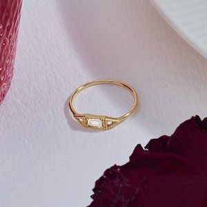 Solid Gold Baguette Signet Ring, 14k Minimalist Pinky Ring, Vintage Design Women Slim Statement Ring, Dainty Diamond Cz Stacking Band image 3