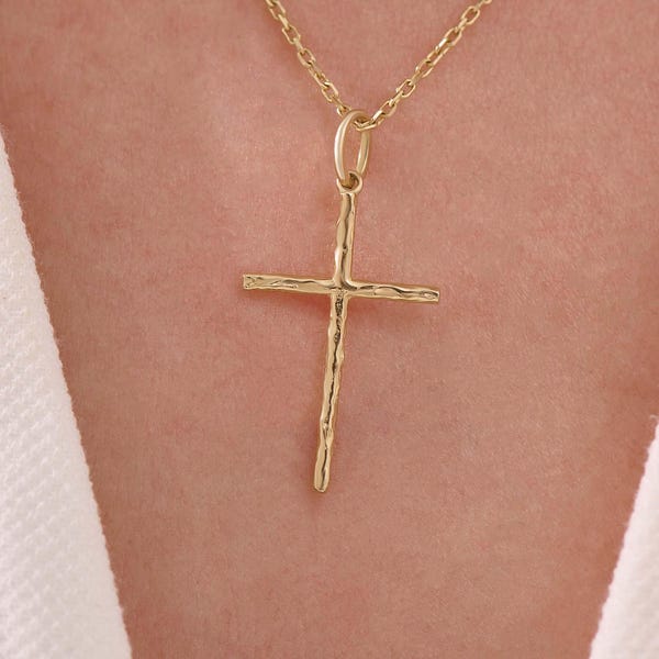 Cross Pendant Necklace 14K Solid Gold Christian Wood Textured Dainty Crucifix Jewelry Gift Women