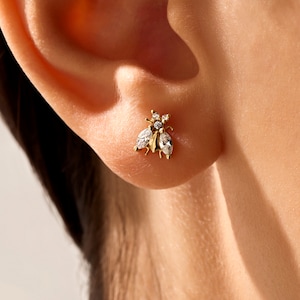 14k Bee Earrings, Solid Gold Tiny Stud Earrings for Women, Small Statement Stud Earring, Honey Bee Charm Ear Stud, Ladies Dainty Gifts