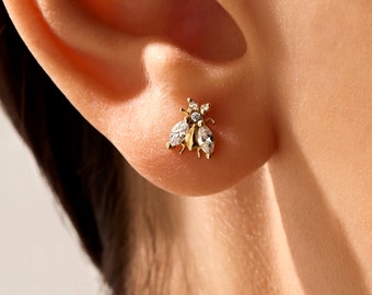 14k Bee Earrings, Solid Gold Tiny Stud Earrings for Women, Small Statement Stud Earring, Honey Bee Charm Ear Stud, Ladies Dainty Gifts