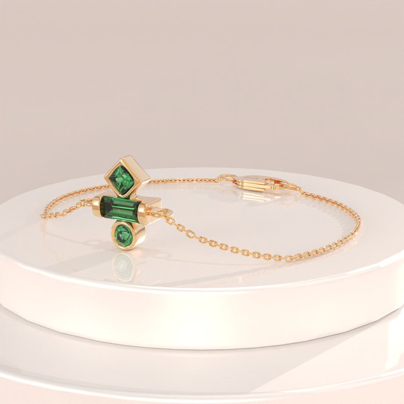 14k Gold Emerald Charm Bracelet, Solid Gold May Birthstone Bracelet, Womens Minimalist Green Bracelet, Dainty Emerald Stacking Bracelet image 1