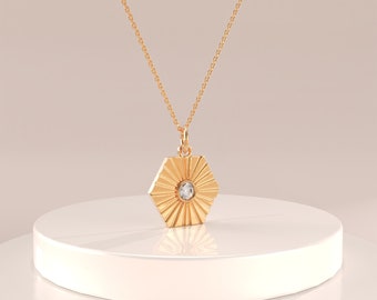 14k Solid Gold Hexagon Sunrise Pendant | Celestial Pendant Necklace Women | Geometric Sunburst Necklace | Layering Charm