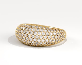 14K Solid Gold Full Pave Diamond Dome Ring, Chunky Statement Band, Brilliant Moissanite Bombe Ring, Unique Luxury Anniversary Gift for Her