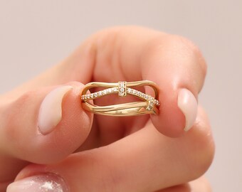 Solid Gold Knot Statement Ring, 14k Gold Dainty Rings for Women, Unique Gold Band, Pave Cz Rings, Real Gold Stackable Ring, Designer Rings