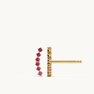 14K Solid Gold Ruby Stud Earrings, Curved Pink Ruby Bar Studs, Dainty Ombre Climber Earrings for Her, Unique July Birthstone Gift