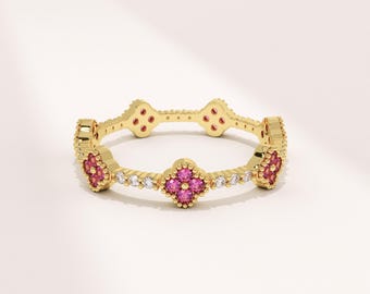 14K Solid Gold Pink Floral Eternity Ring, Dainty Stackable Flower Band, Handmade Pink Gemstone Ring, July Birthstone Ring, Anniversary Gift