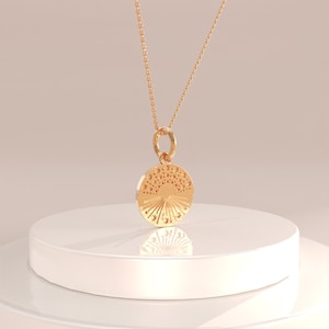 14k Circle Sunshine Pendant, Solid Gold Disc Sun Charm Necklace, Minimalist Medallion Coin Necklace, Dainty No Tarnish Handmade Jewelry Gift