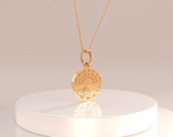 14k Kreis Sonnenschein Anhänger, Solid Gold Disc Sun Charm Halskette, Minimalist Medaillon Münze Halskette, Zierlich, Handgemachtes Schmuck Geschenk